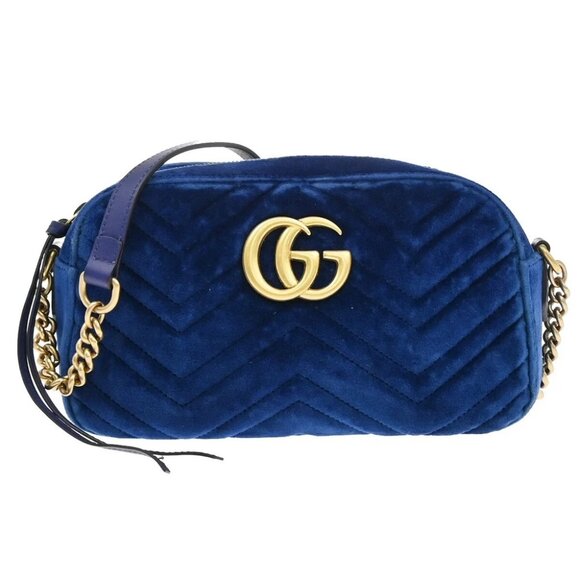 GUCCI GG Marmont Quilting Chain Shoulder Bag Velvet Leather Blue GHW - Picture 1 of 14